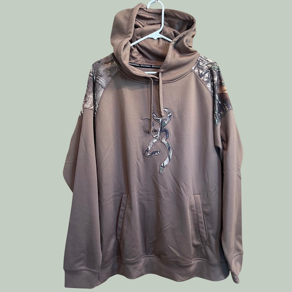 Browning Hoodie Mens Large Brown Realtree Camo Buckmark Logo Fleece Pullover